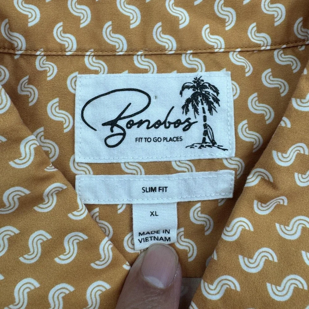 Bonobos Shirt Mens XL Brown White Wave Print Short Sleeve Button Down Slim Fit